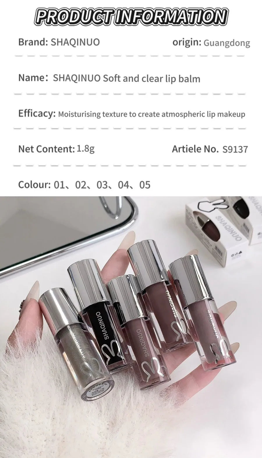 SHAQINUO Water Light Mirror Lip Gloss Lasting Moisturizing Cool Black Silver Gray Pearlescent Fine Sparkling Lipstick Lip Oil