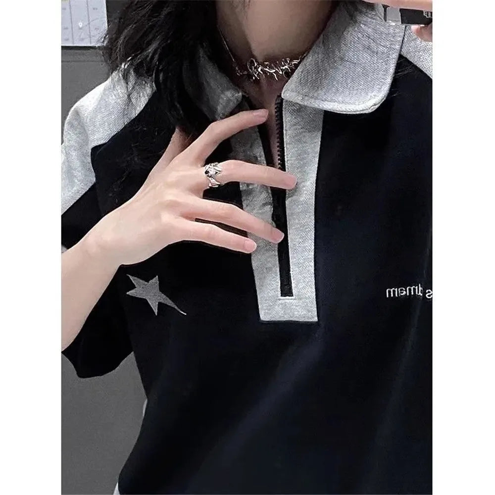Y2k Summer Polo T-Shirts Women American Vintage New Cotton Contrast Panels Casual Harjuku  Shirts Short Sleeve Women Casual Tops