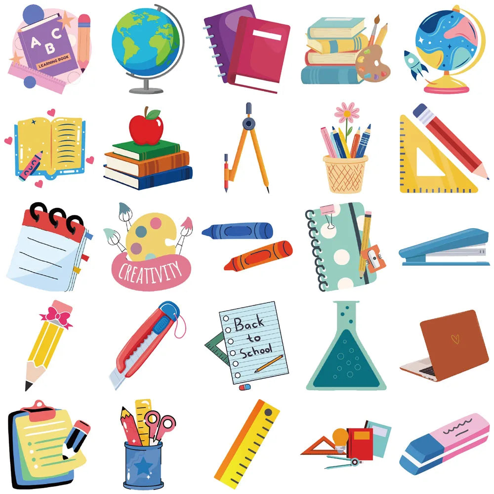 50PCS Creative Back to School Stickers Decorative Phone Cases Notebook Water Cups DIY Personalized Waterproof Stickers