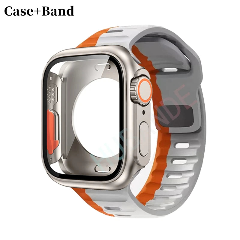 Silicone strap For Apple Watch 44mm 45mm 41mm 40mm Bracelet+Screen protectores Change to Ultra For iWatch Series 9 8 7 SE 6 5 3