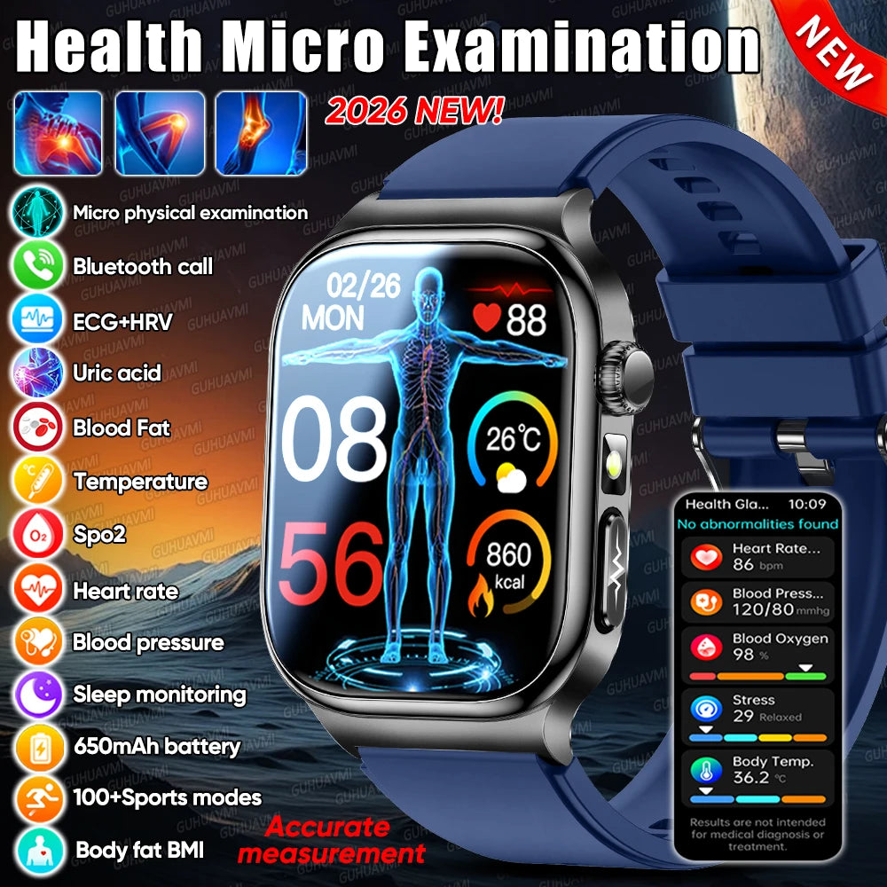 GUHUAVMI 2026 AI Health Smartwatch – ECG+HRV, Blood Pressure, Uric Acid & Blood Lipid Monitor | 2.04" AMOLED Sapphire | Bluetooth Calling | Men & Women