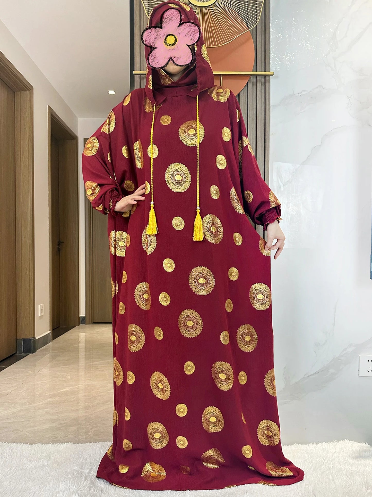 Women's Cotton Embroidered Abaya Kaftan – Gold Dust Shimmer, Loose Fit, All-Season Muslim Dress