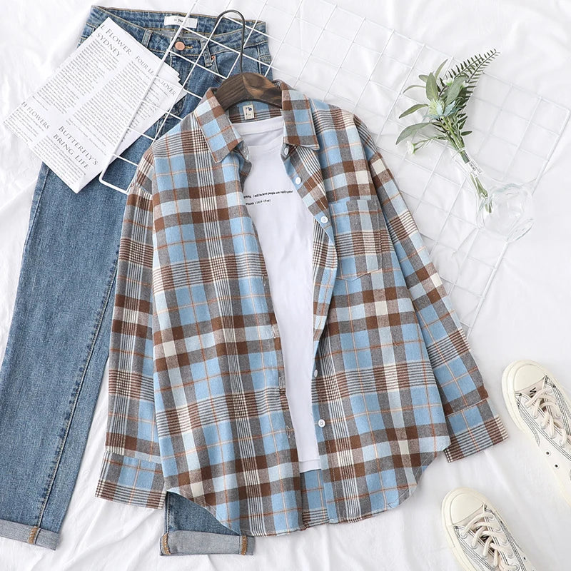 Women's Plaid Long Sleeve Shirt - Loose Casual Button-Up Blouse - photo 24
