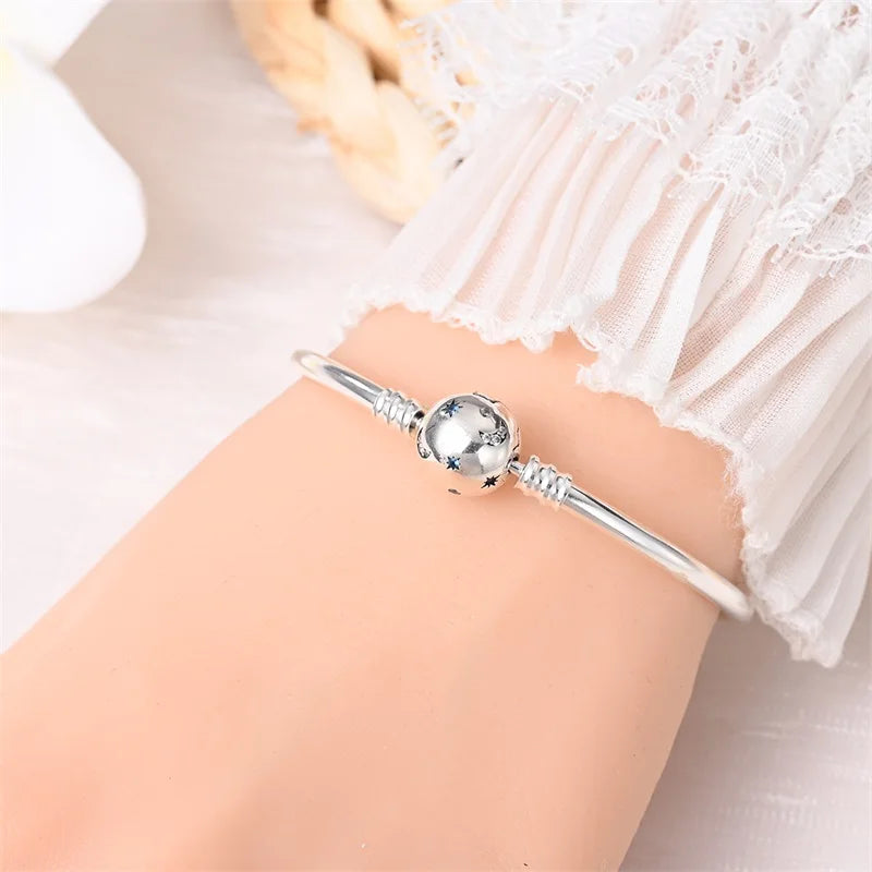 925 Sterling Silver Charm Bracelet – Star Moon Sun Four Leaf Clover Zircon | DIY Birthday Gift for Women (17-20cm)
