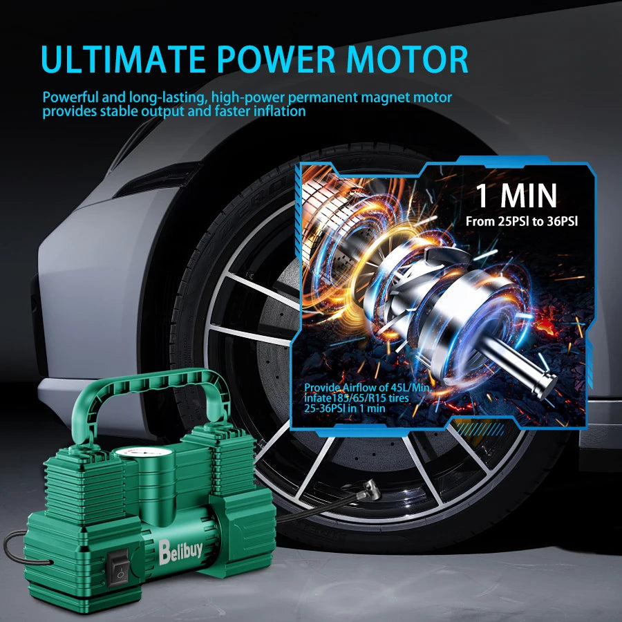 Ultra-Fast Car Tire Pump | 12V Plug-in, 5 Mins Full Inflation, Compact & Corded