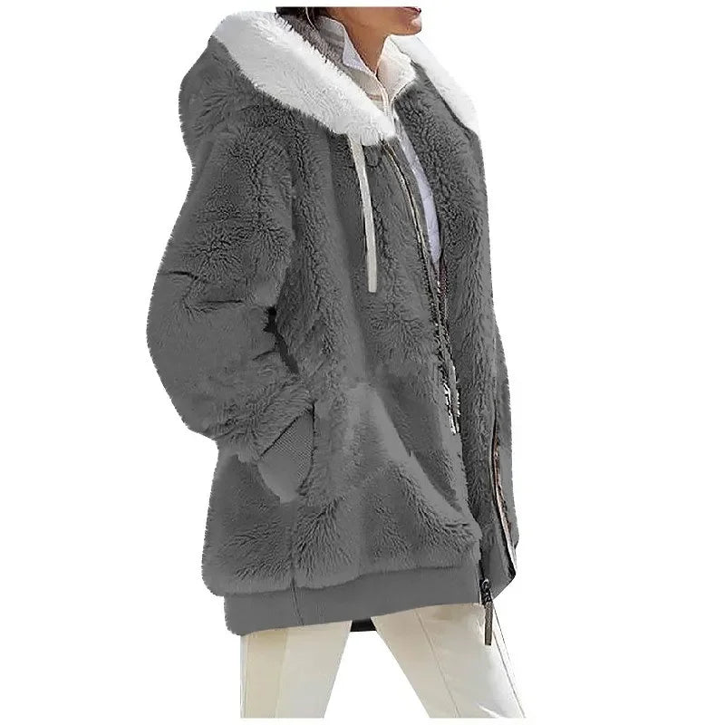 Women's Hooded Fleece Zip Jacket, Casual Winter Coat