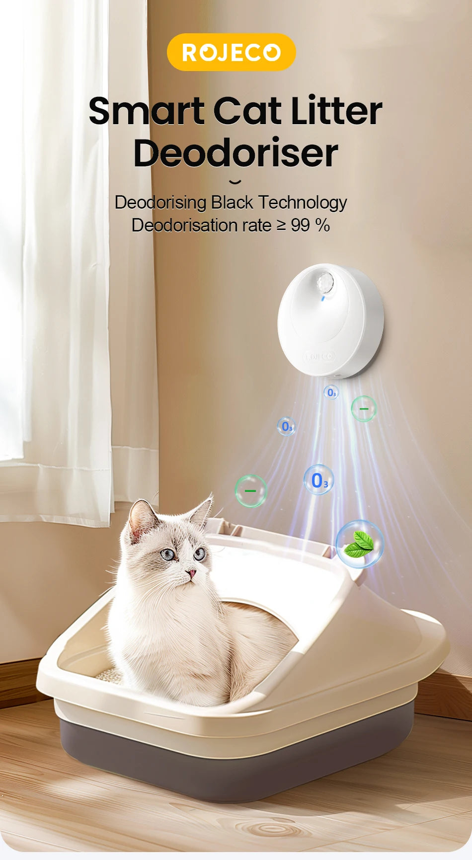 ROJECO Smart Cat Odor Purifier 4000mAh Cat Odor Deodoriser For Cat Litter Box Automatic Pet Toilet Smell Deodorant Purifier