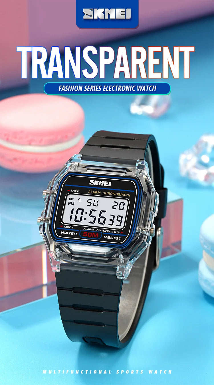 Skmei Women Digital Watches Fashion Transparent Case TPU Strap Led Waterproof Swimming Sports Wristwatch Female Alarm Clock