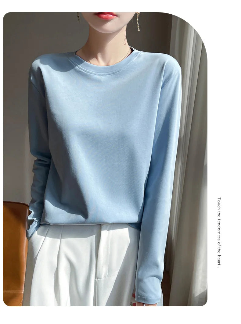 Spring And Summer New Mercerized Cotton Long Sleeve T-shirt Women's Round Neck Loose 100% Cotton Bottoming T-shirt