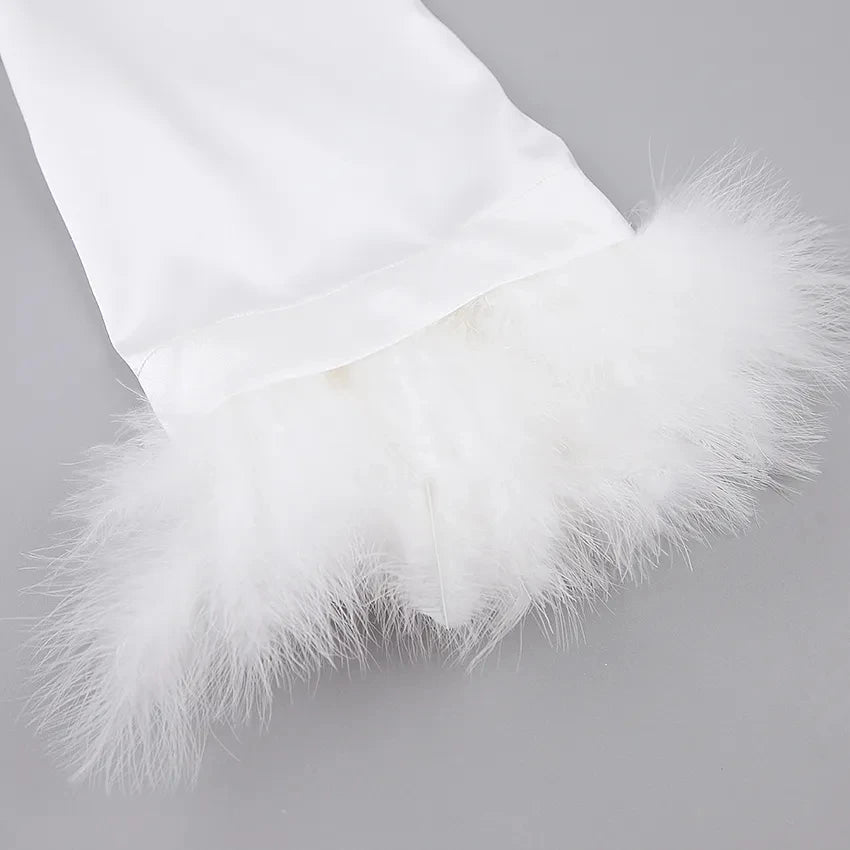 Women's Satin Robe with Feather Trim, Bridal Robe