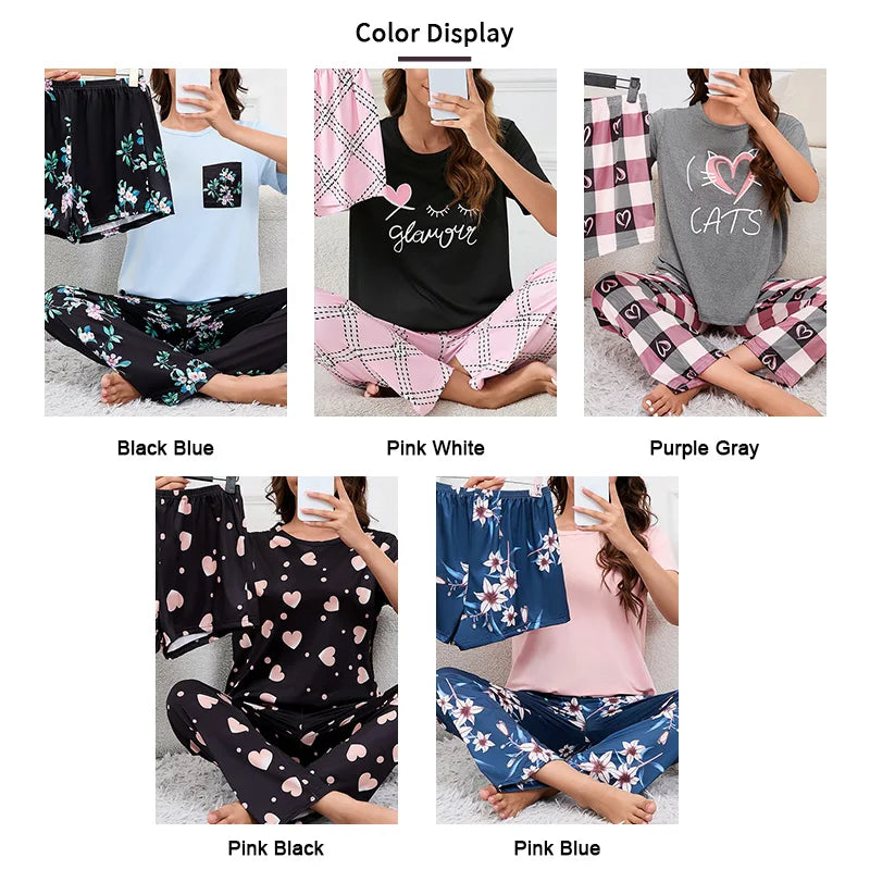 Women's 3 Piece Pajama Set - Crew Neck Top, Shorts & Long Pants - photo 5