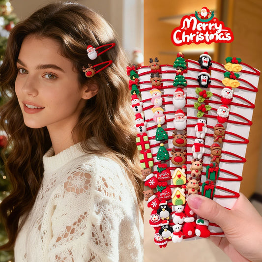10-Piece Girls Christmas Hair Clip Set - Santa, Reindeer & Snowflake