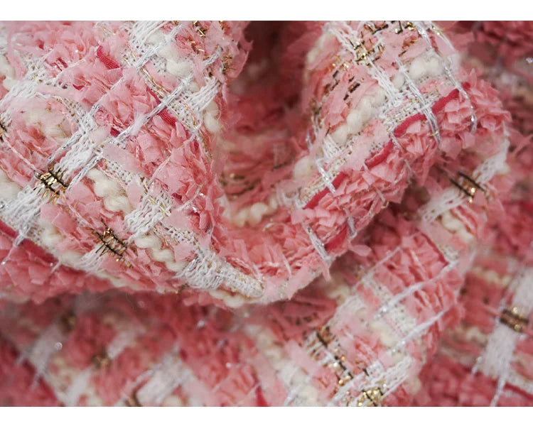 Tweed Fabric for Coat, Pink, Golden Thread, Glitter Cloth, Diy