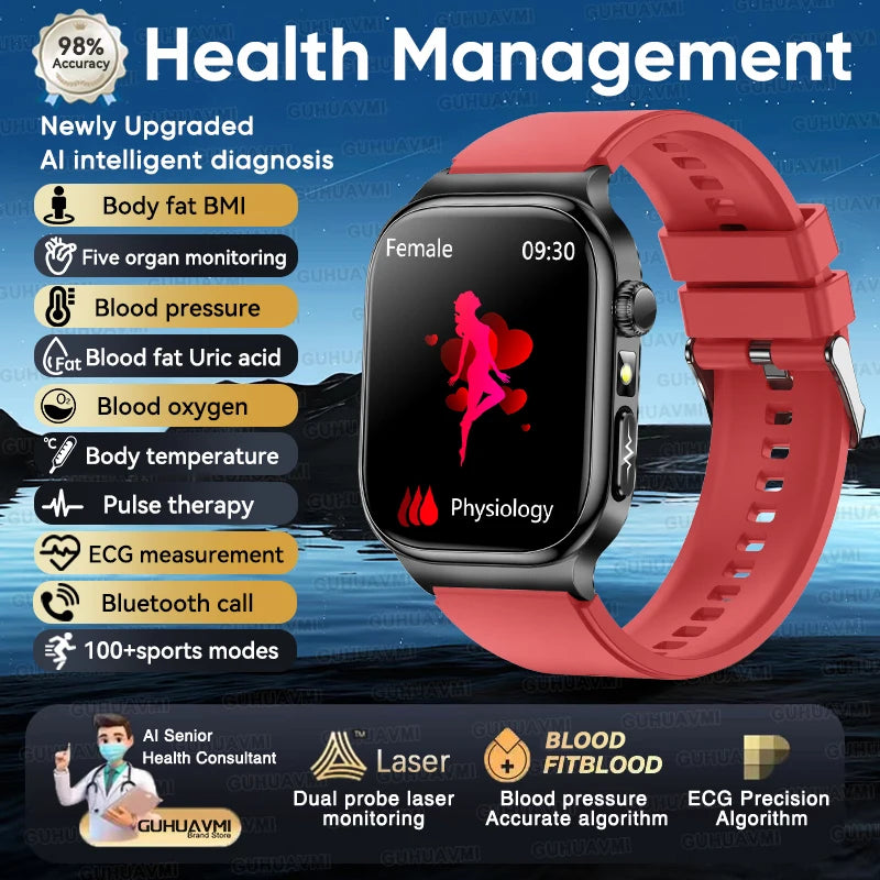 GUHUAVMI 2026 AI Health Smartwatch – ECG+HRV, Blood Pressure, Uric Acid & Blood Lipid Monitor | 2.04" AMOLED Sapphire | Bluetooth Calling | Men & Women