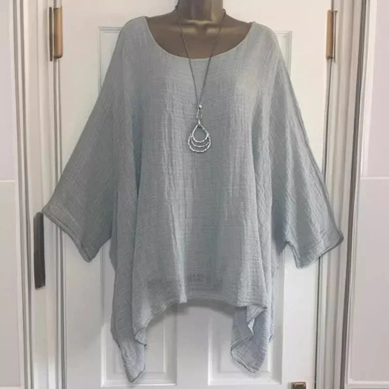 Women's Plus-Size Linen T-Shirt — Loose Batwing Long-Sleeve Top (to 5XL)