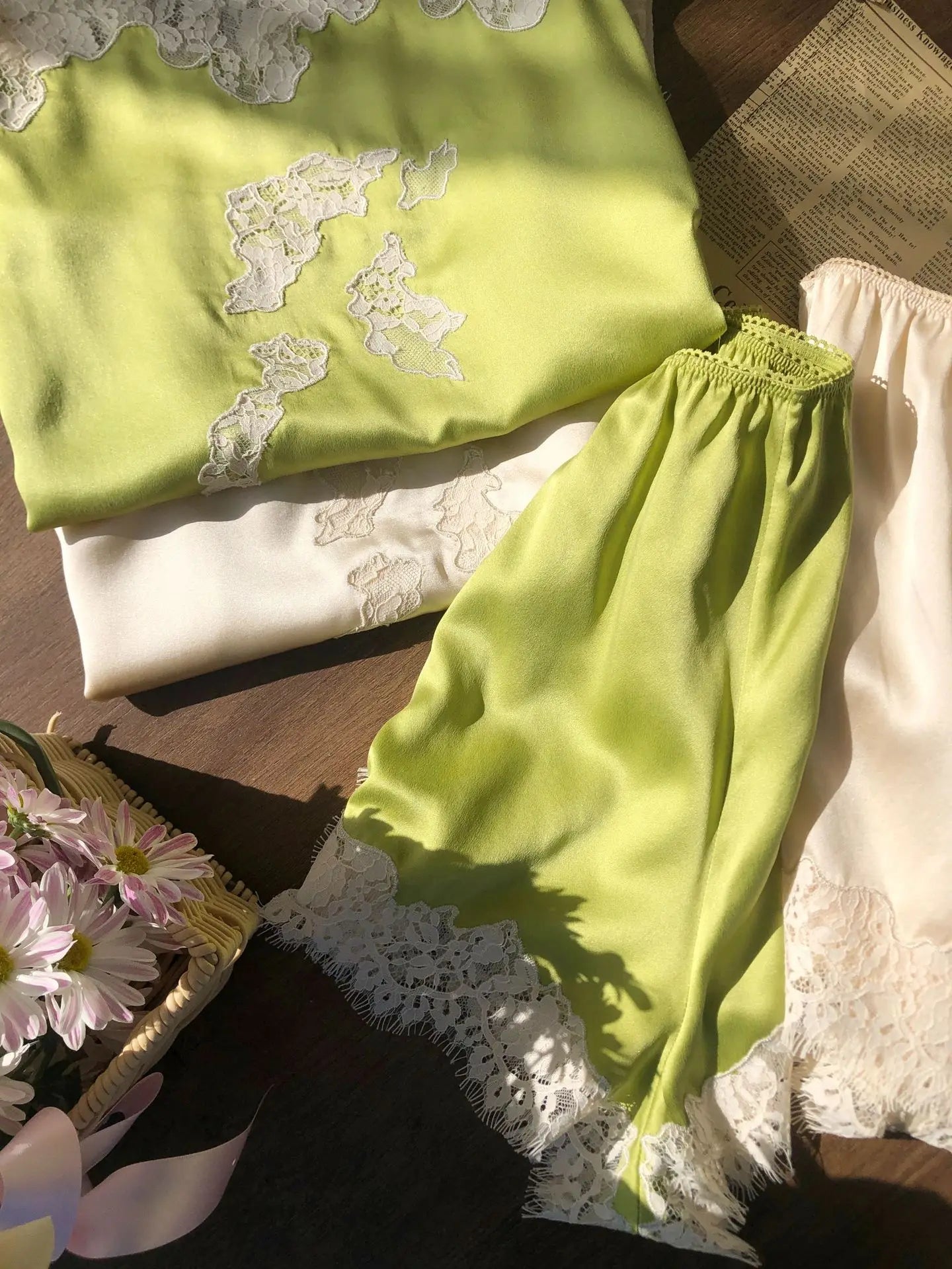 Soft Satin Lace Romantic French Lace Embroidered Satin Silk Sleeveless Vest Shorts