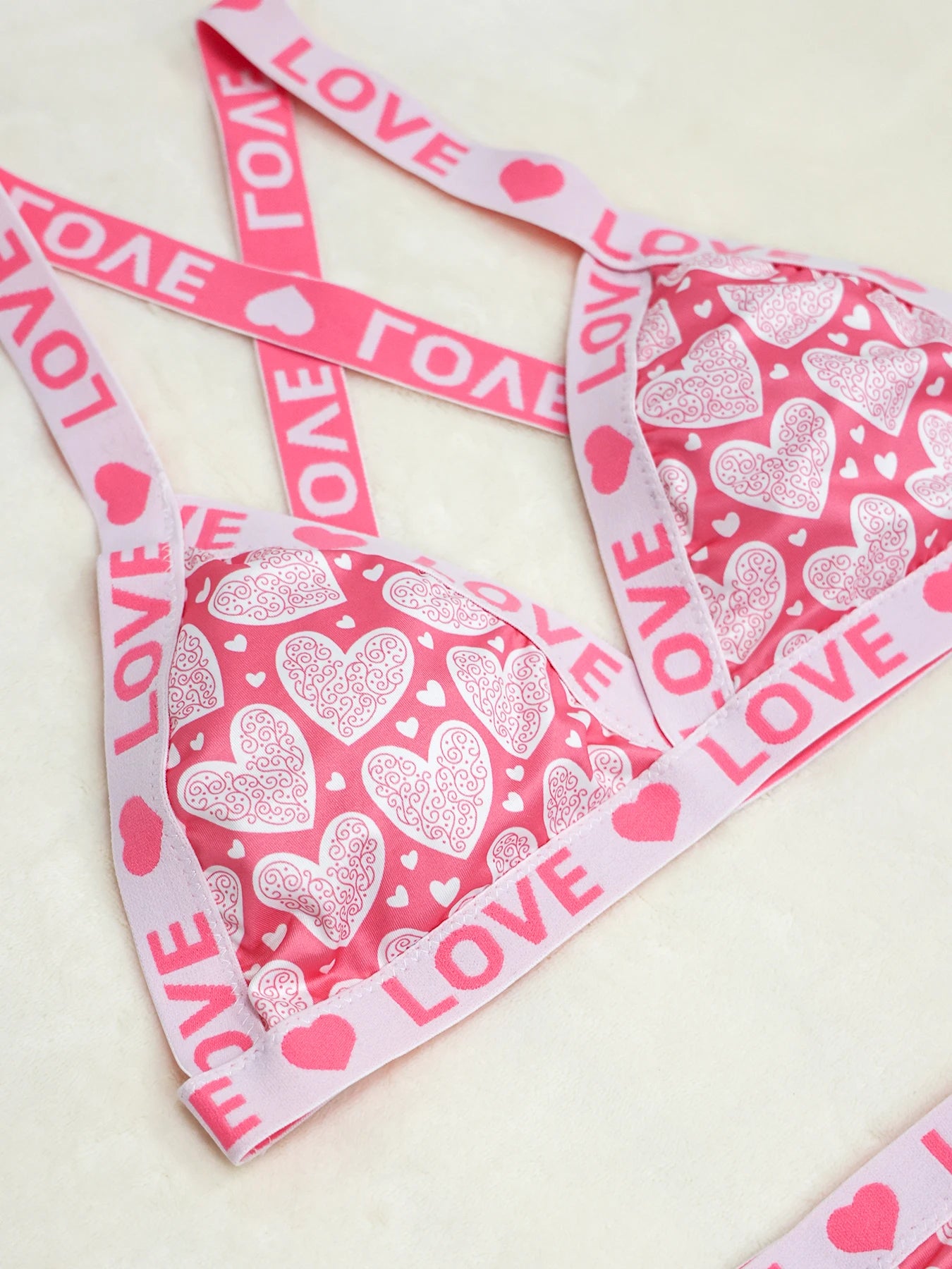 Valentine's Day Plus Size Heart Love Pattern Letter Tape Bra & Thong Sexy Lingerie Set