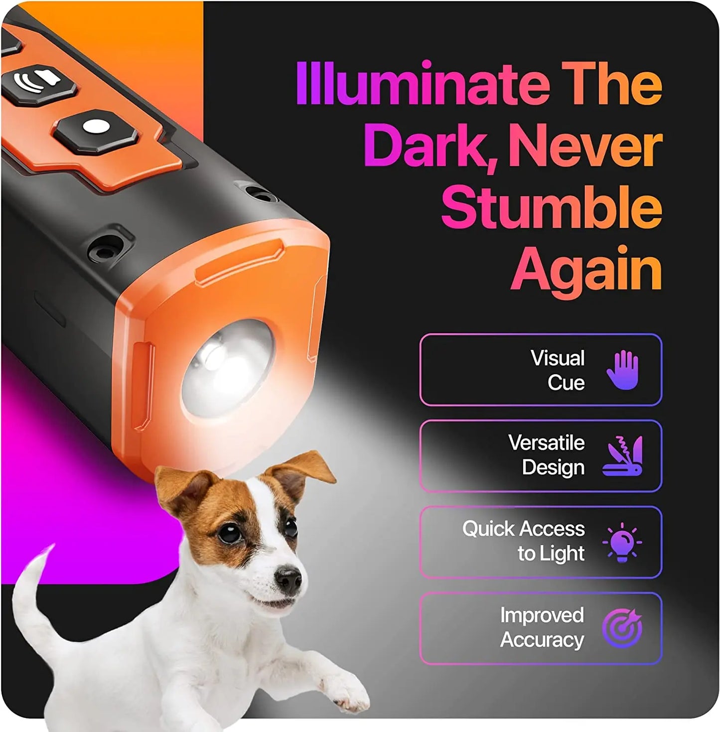 Ultrasonic Dog Repeller & Anti-Bark Deterrent Device – Rechargeable with LED Flashlight | Black & Orange