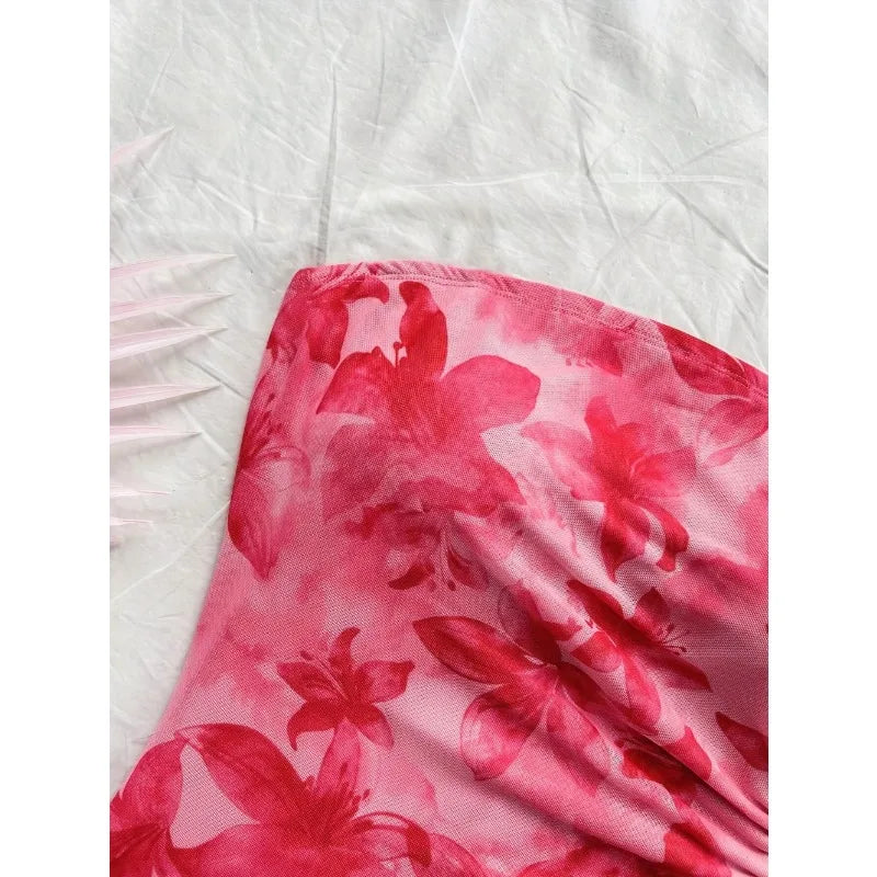 Women's 2026 Floral Print Tube Mini Dress Strapless Backless Party Club Short Ruched Drawstring Bodycon Party Dresses Streetwear