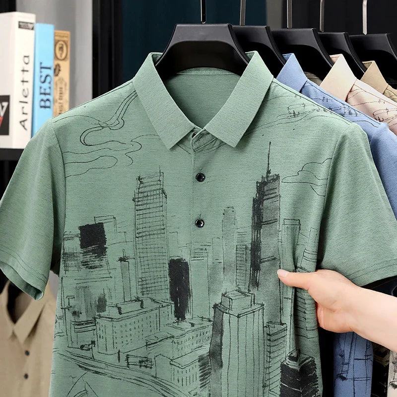 Men's Line-Drawing Polo - Soft Elastic Knit, Two-Button Lapel