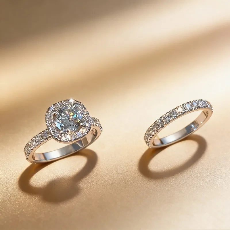Silver-Tone Princess Ring with White Zircon for Women - Wedding Set