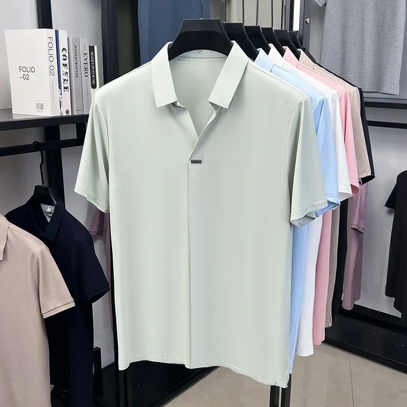 Men's Ice-Silk Polo - Seamless Notch Lapel, Metal-Button Placket