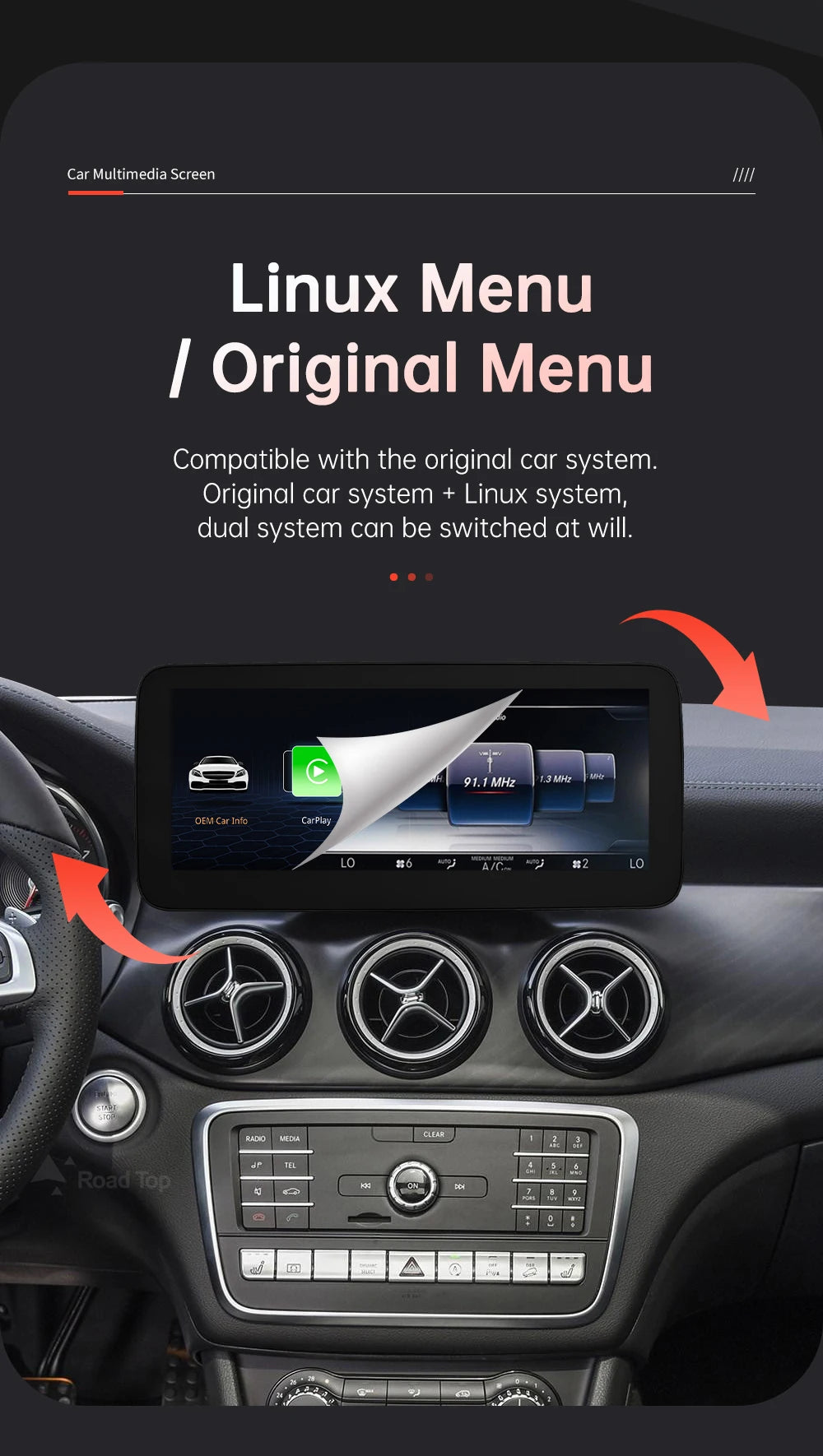 RoadTop Wireless CarPlay Android Auto Car Multimedia Display For Mercedes-Benz CLA GLA A Class W176 2026-2026 NTG5.0 TouchScreen