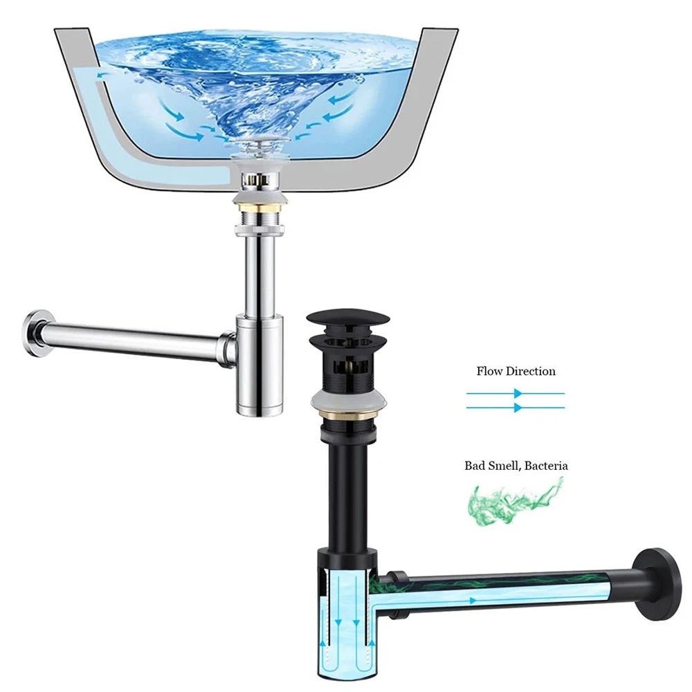 Wash Basin Bottle Plumbing P-Trap Bathroom Sink Siphon Drain Sewer Pipe Kit Luxury Matt Black High Quality Brass Body