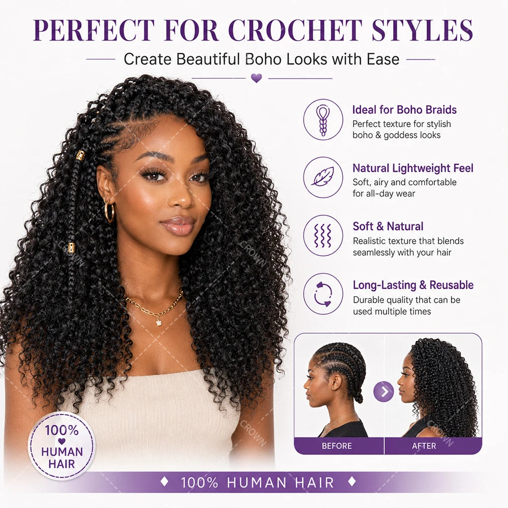 Burmese Curly Crochet Human Hair Knots Feather Crochet Hair Extensions For Women Invisible Knotless Kinky Curly Braiding Hair