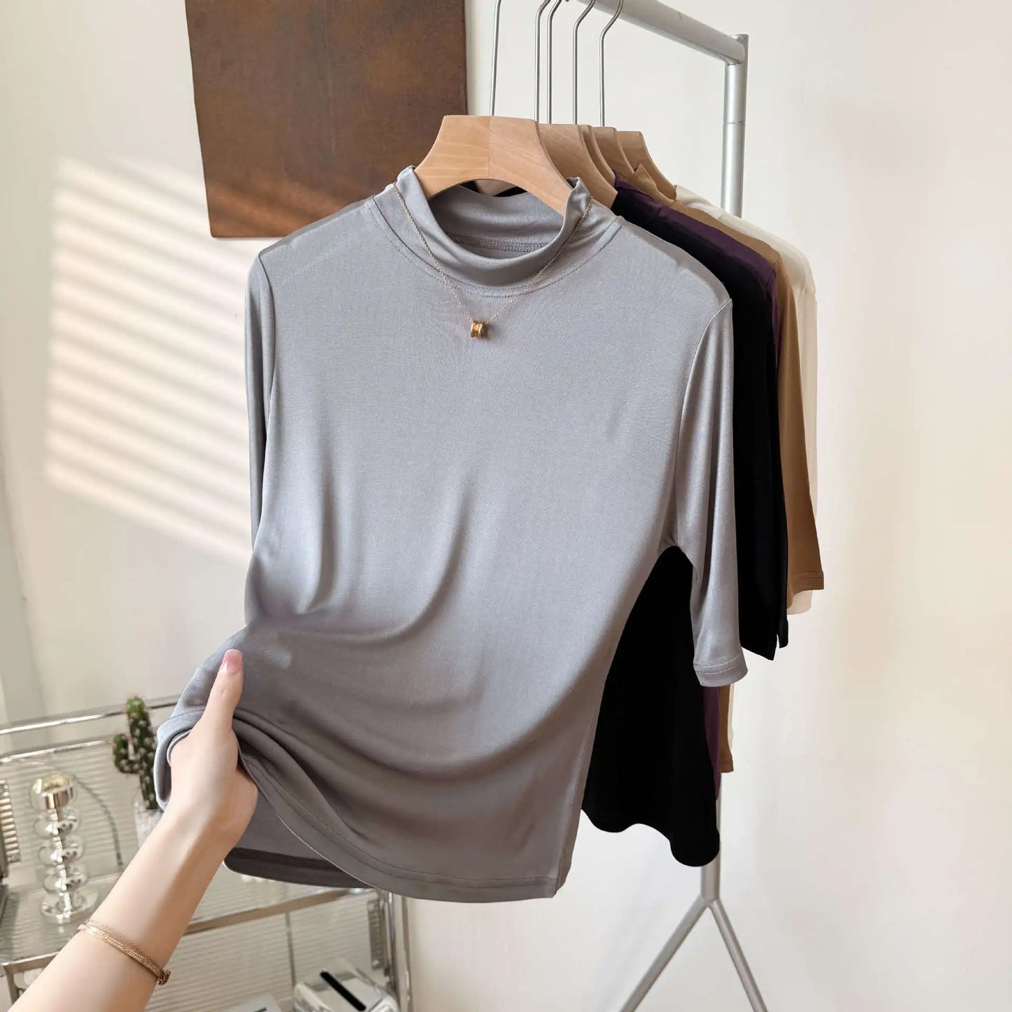 Yuyue's 100% Mulberry Silk Basic Women's T-shirt Solid Color Large Size Half Crew Neck Mulberry Silk Top Mid-sleeve Base Shirt