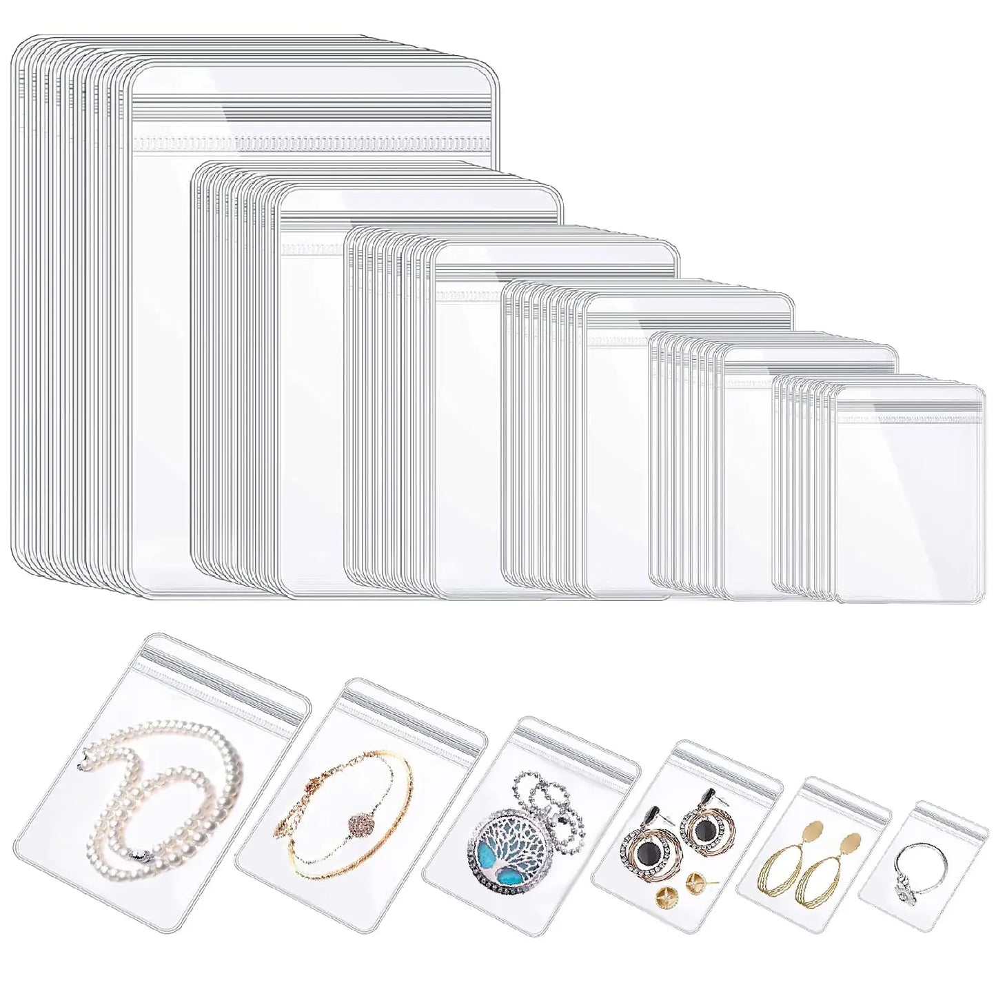 100PCS Clear PVC Jewelry Zip Bags – Self-Sealing Storage Bags for Rings, Earrings & Bracelets | 7 Sizes