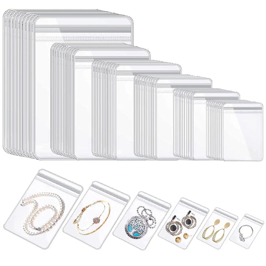 100PCS Clear PVC Jewelry Zip Bags – Self-Sealing Storage Bags for Rings, Earrings & Bracelets | 7 Sizes