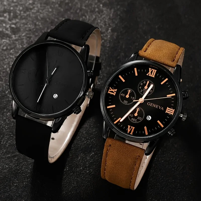 4pcs Fashion Men's Quartz Watch Set Decorative Three-eye Dial Men Business Watches Relogio Masculino（Without Box）