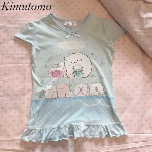 Kimutomo Japanese Petite Sweet Cute Replica Girl Outfit Short Sleeved Top Women Versatile Group Print Butterfly Round Neck