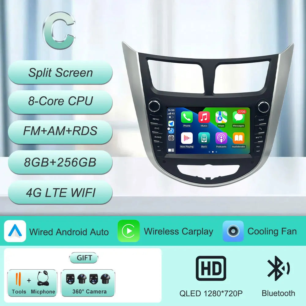 7" Android Car Radio for Hyundai Solaris Accent Verna 2010-2016 Wireless CarPlay Android Auto GPS WiFi BT FM Touch Screen Stereo