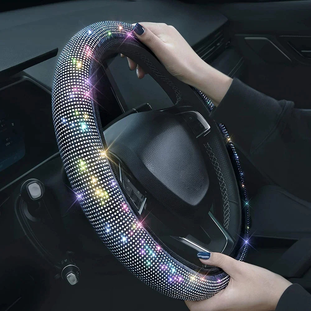 38cm Universal Car SUV Breathable Anti-Slip Bling Rhinestones Steering Wheel Cover for Women Girl with Crystal Diamond Sparkling