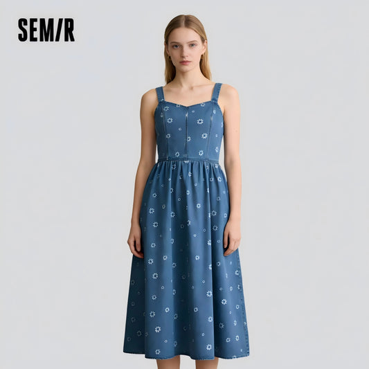 Semir Denim Jumper Dress Women Sweet Cool Trendy 2025 Summer New All Over Print Cotton Pinafore Playful Style
