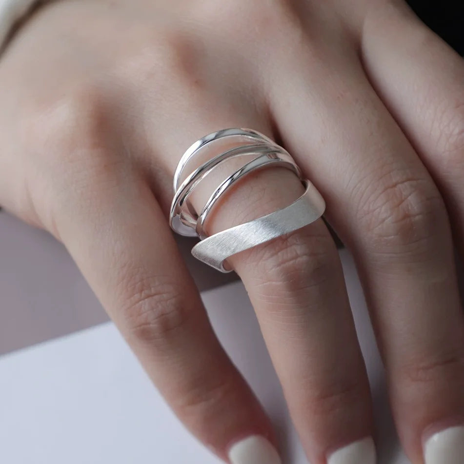 PANJBJ 925 Sterling Silver Hollow Out Rings For Women Three Layered Cross Punk Irregular Vintage Jewelry Gift Dropshipping