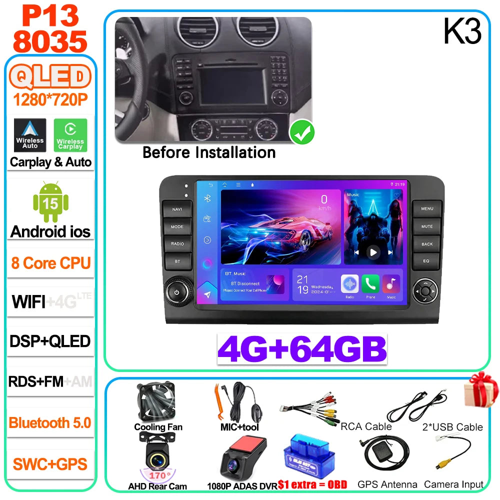 Car Stereo with Apple CarPlay & Android Auto, Compatible with Mercedes-Benz M-Class W164 & GL-Class X164