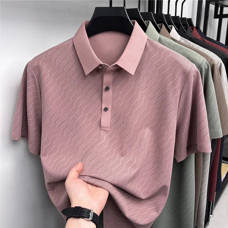 Men's Wavy-Texture Mesh Polo - Sweat-Wicking Lapel, Lightweight