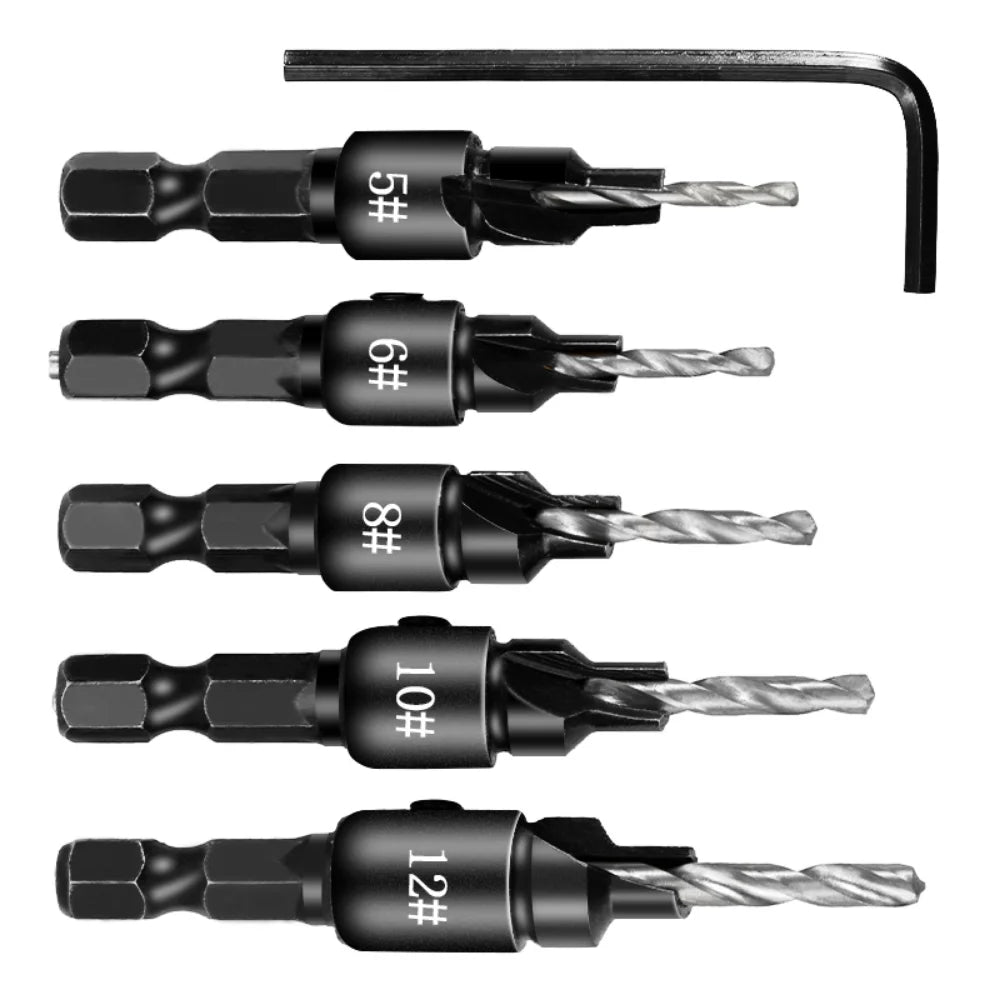 5pcs Countersink Drill Woodworking Drill Bit Set Drilling Pilot Holes for Screw Sizes #5 #6 #8 #10 #12 Cutter Screw Hole Drill