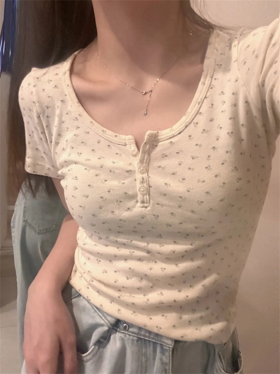Y2k Short sleeve Sexy U Collar Floral Print Lace Slim T-shirt 2026 Summer Women Clothing Floral Slim Shirt Button T-shirt Top