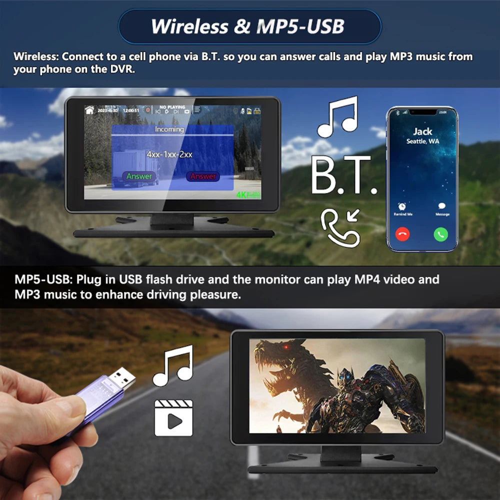 7 inch Truck DVR System BSD Sound and Light Alarm 2CH 1080P Night Camera Touch Screen MP5 BT AHD Monitor 24H Parking Recorder