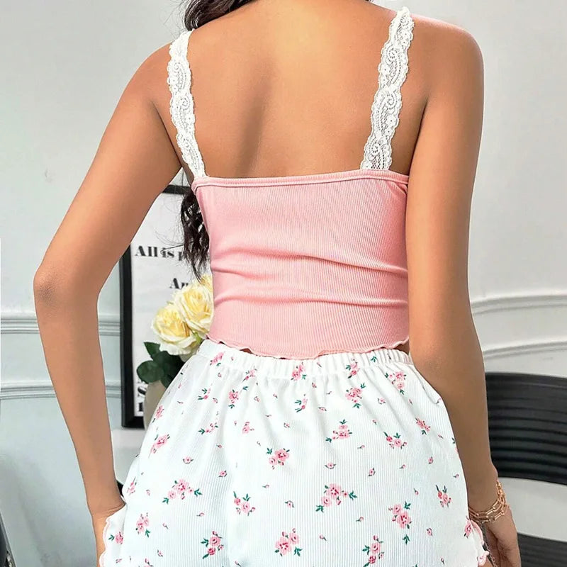 2026 women's sexy lace lace camisole vest shorts sleepwear women's slim fit two-piece home outfit new product pink coffee blue
