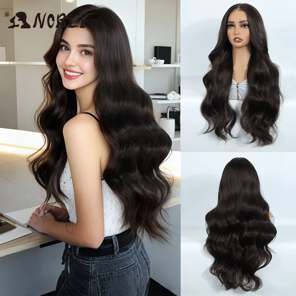 Noble Synthetic Lace Front Wigs For Woman Long Body Wave Wear and Go Glueless Wig Ombre Brown 6x4 Pre Plucked Pre Cut Lace Wig
