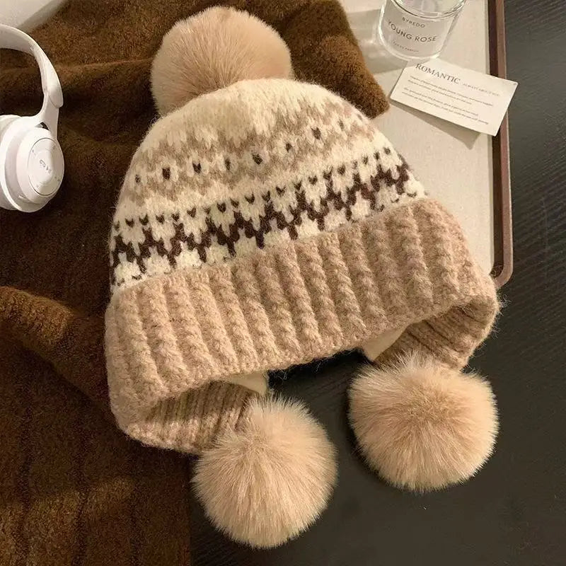 Women Winter Hat - Thickened Warm Beanie With Ear Protection Cold Proof Knitted Cap For Christmas Gifts Red Grey