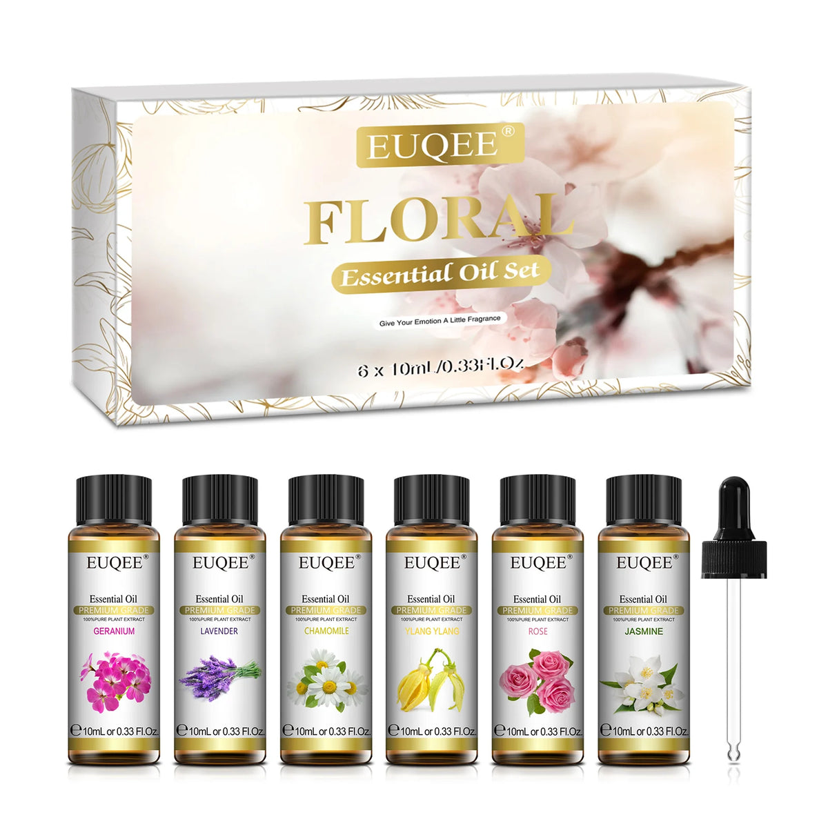 EUQEE 10ml*6pcs Essential Oil Set (Lavender Jasmine Rose Ylang Ylang Chamomile Geranium )-Pure Natural Aromatherapy Oils