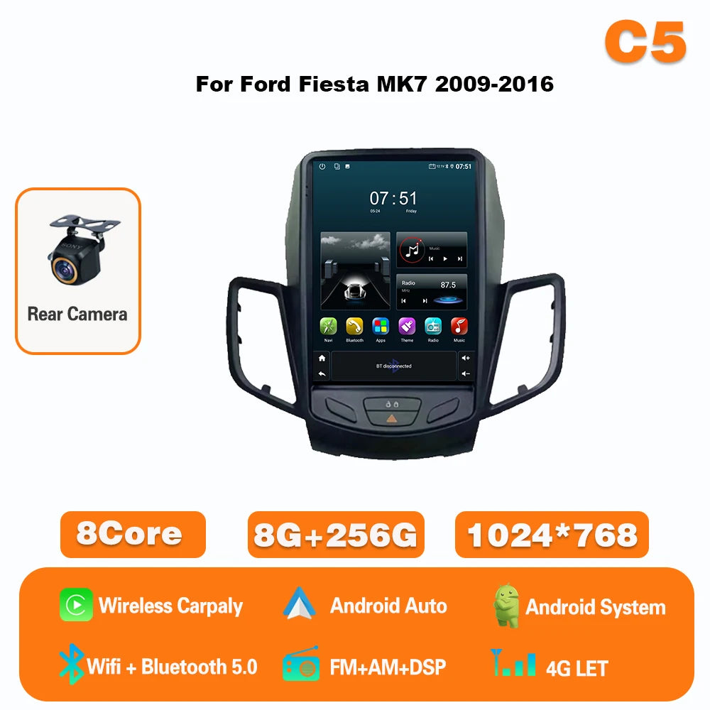 9.7" Android Car Stereo for Ford Fiesta MK7 (2009–2017) — Wireless CarPlay & Android Auto, GPS, 4G, WiFi