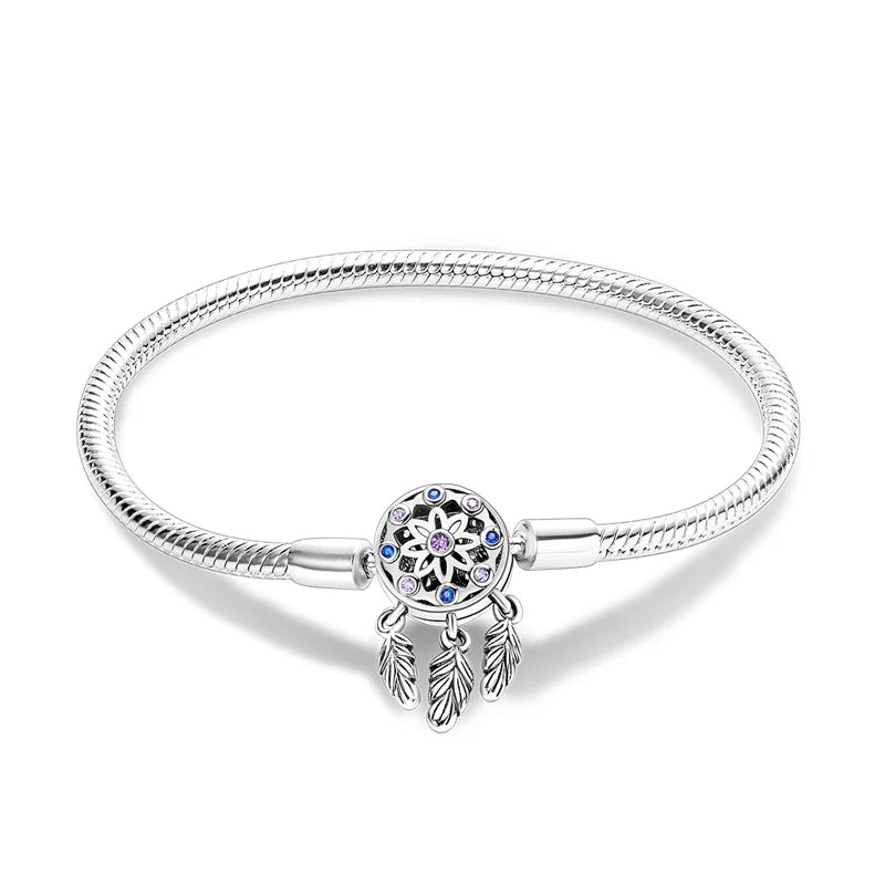 925 Sterling Silver Charm Bracelet – Star Moon Sun Four Leaf Clover Zircon | DIY Birthday Gift for Women (17-20cm)