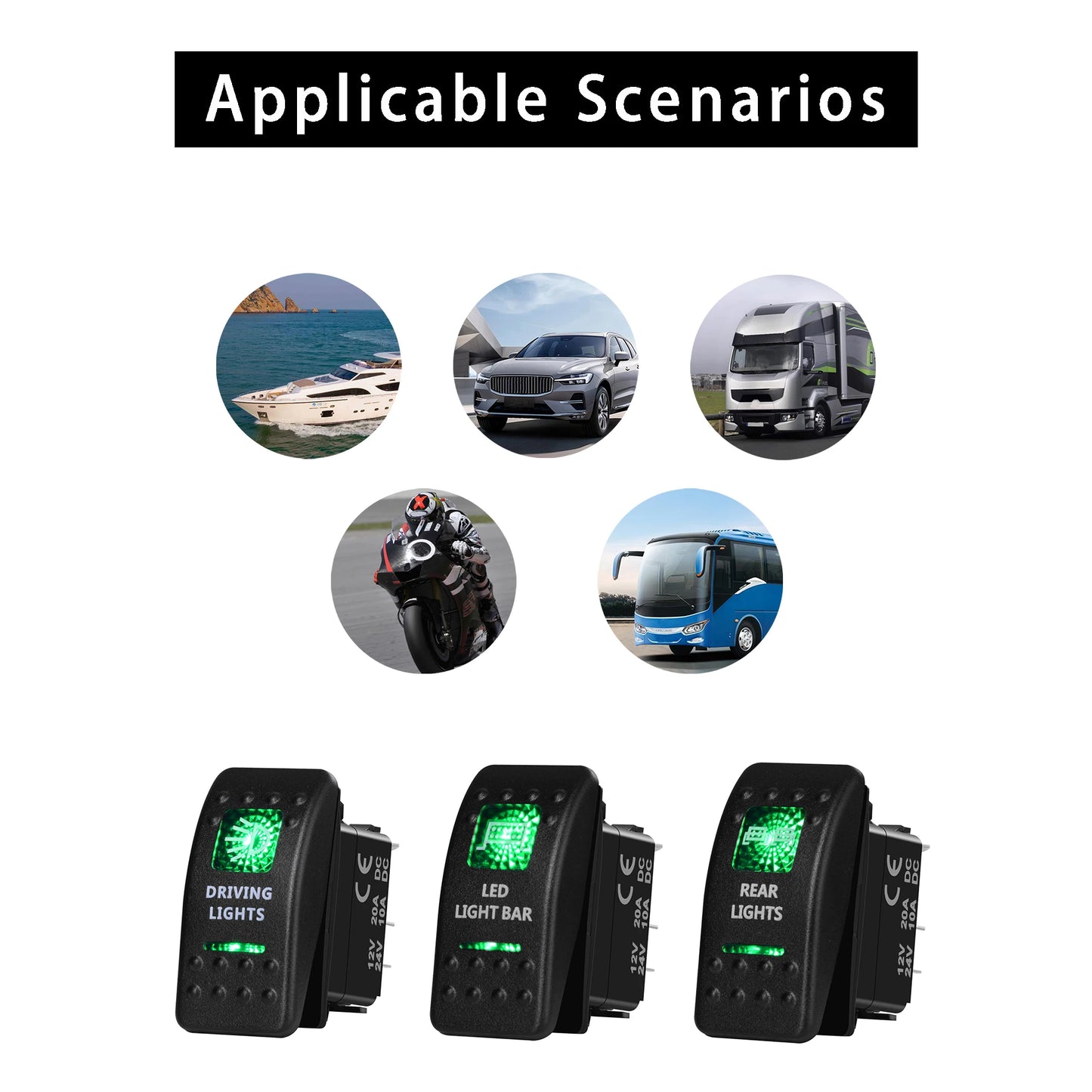 Green LED Rocker Switch - Waterproof SPST & DPDT Options